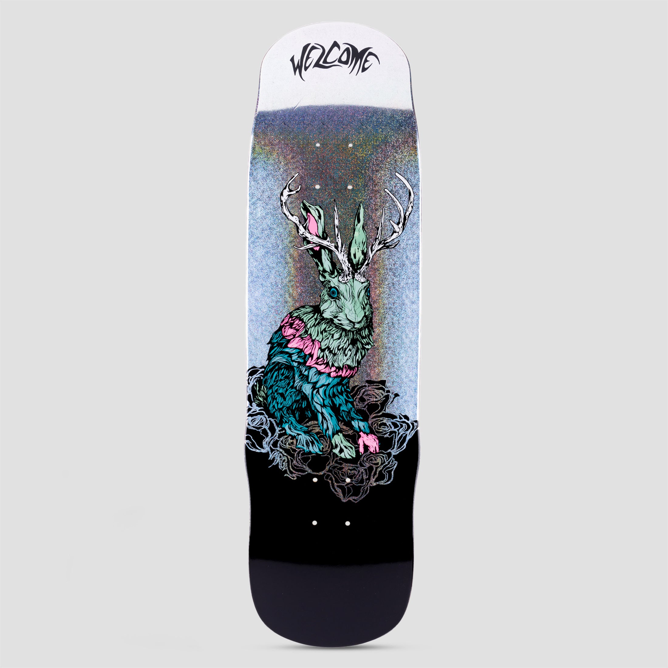 Welcome 8.8 Daniel Vargas Thumper on Effigy Skateboard Deck Black / Glitter Foil